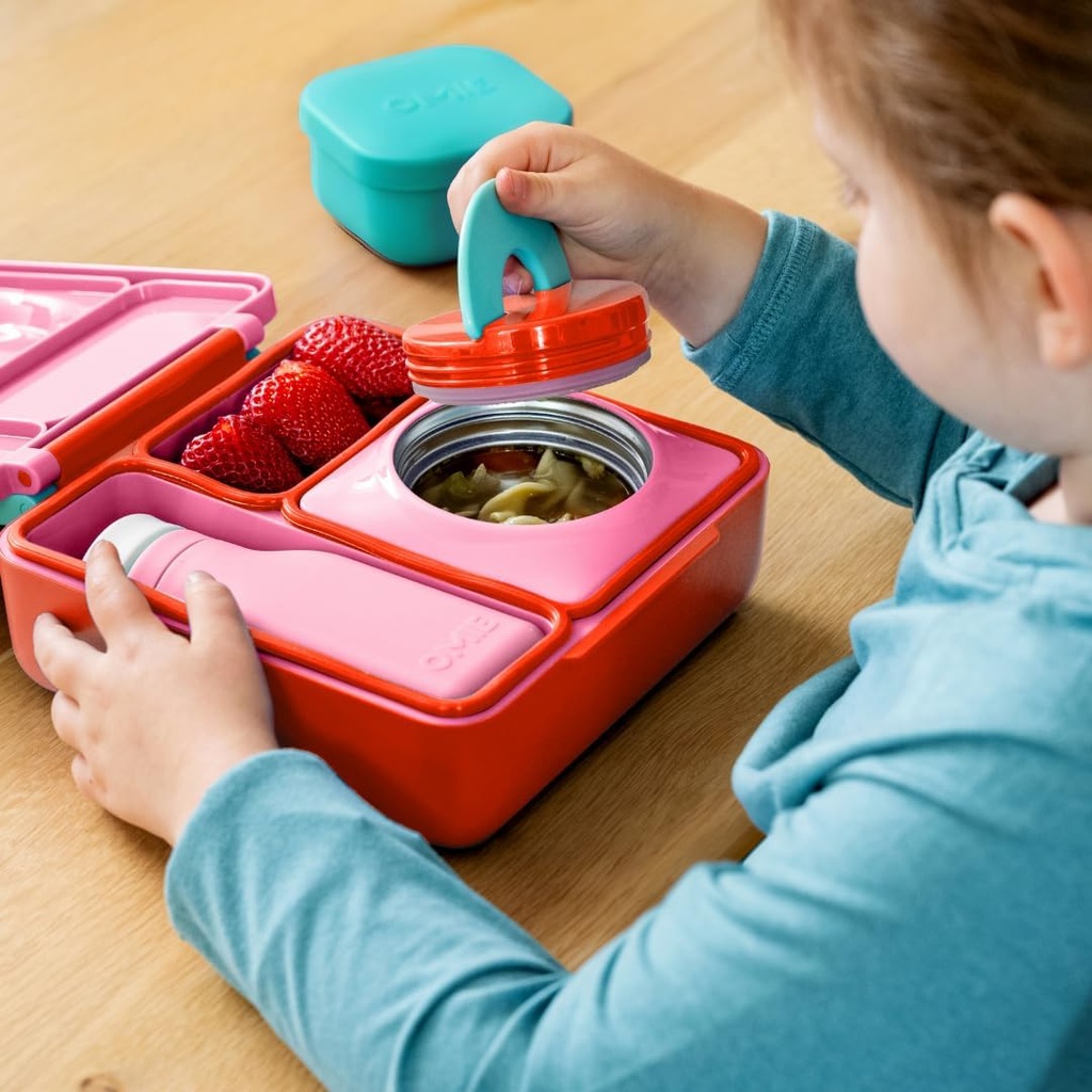 OmieBox Bento Box for Kids - Insulated with Leak Proof Thermos Food Jar - 3 Compartments, Two Temperature Zones (Single) (Packaging May Vary)