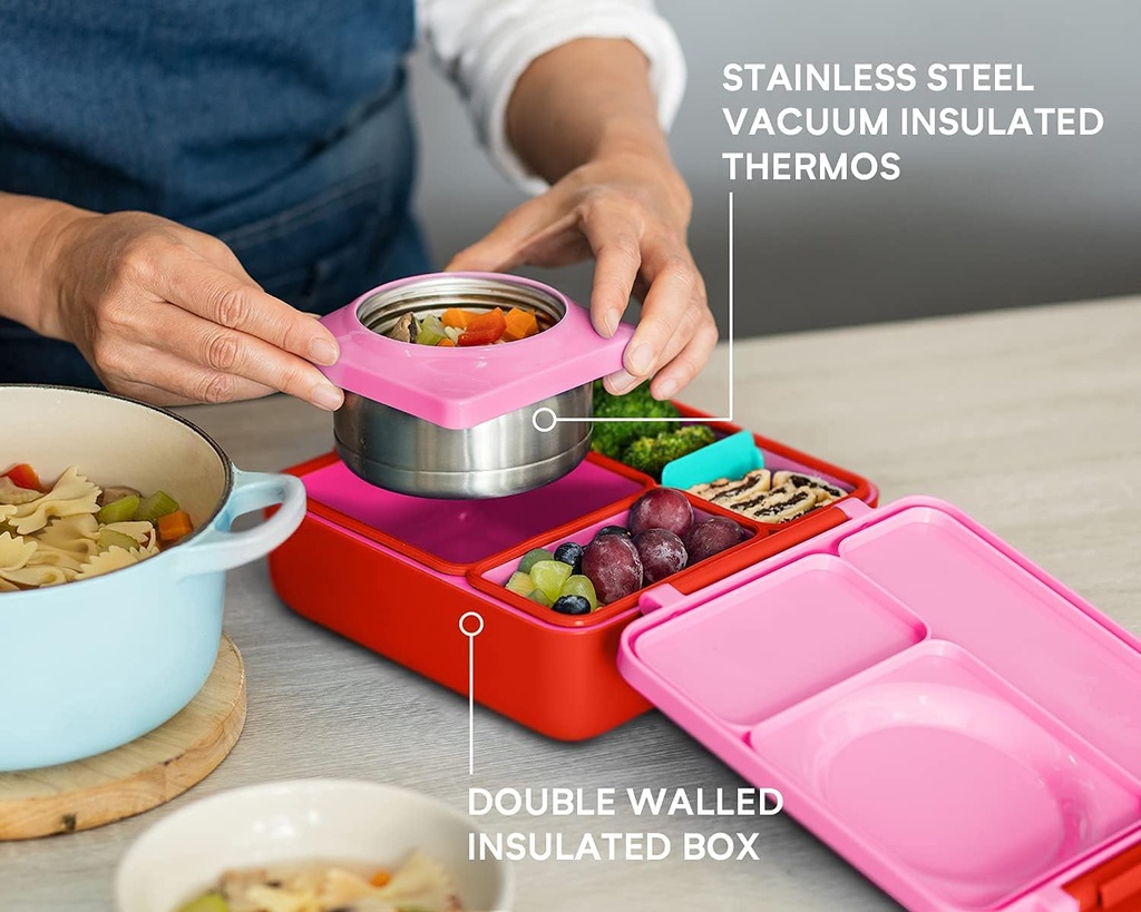 OmieBox Bento Box for Kids - Insulated with Leak Proof Thermos Food Jar - 3 Compartments, Two Temperature Zones (Single) (Packaging May Vary)