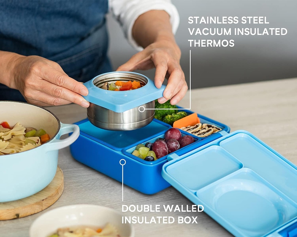 Omie OmieBox Bento Box for Kids - Insulated Lunch Box with Leak Proof Thermos Food Jar - 3 Compartments, 2 Temperature Zones