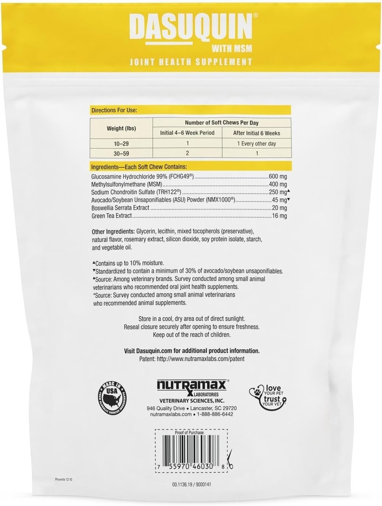 Nutramax Laboratories Dasuquin with MSM Joint Health Supplement for Small to Medium Dogs - With Glucosamine, MSM, Chondroitin, ASU, Boswellia Serrata Extract, and Green Tea Extract, 84 Soft Chews