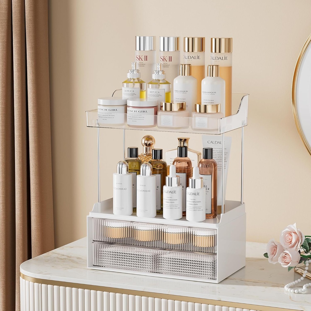 Delamu 2-Tier 2-Drawer Bathroom Counter Organizer, Multi-Purpose Makeup Organizer Countertop, Large Skincare Organizers, Exquisite Vanity Organizer