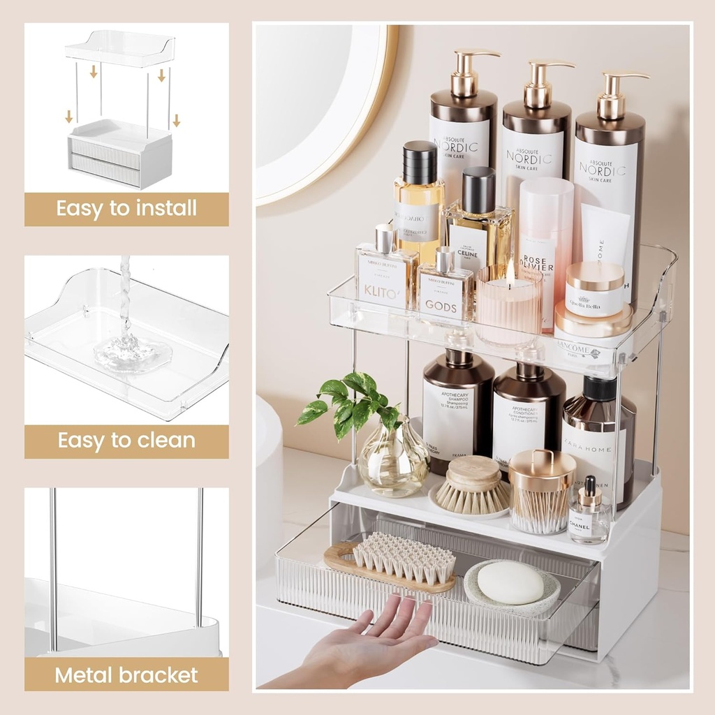 Delamu 2-Tier 2-Drawer Bathroom Counter Organizer, Multi-Purpose Makeup Organizer Countertop, Large Skincare Organizers, Exquisite Vanity Organizer