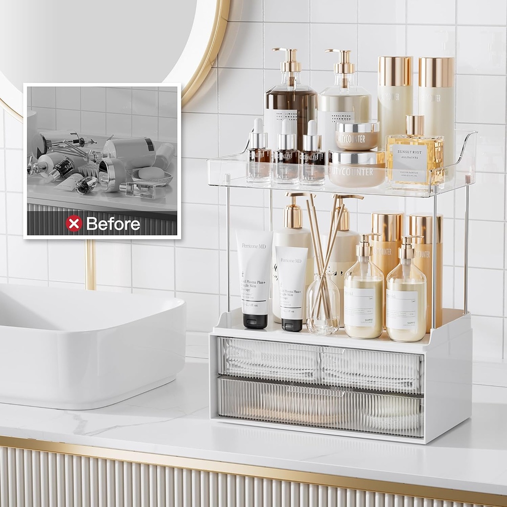 Delamu 2-Tier 2-Drawer Bathroom Counter Organizer, Multi-Purpose Makeup Organizer Countertop, Large Skincare Organizers, Exquisite Vanity Organizer