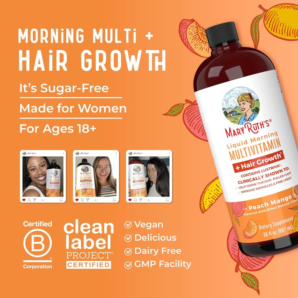 MaryRuth's Liquid Multivitamin + Lustriva® Hair Growth | Biotin 10000mcg | Vitamin D | B Vitamins | Clinically Tested for Thicker Hair, Wrinkles, Fine Lines, Skin Care | Ages 18+