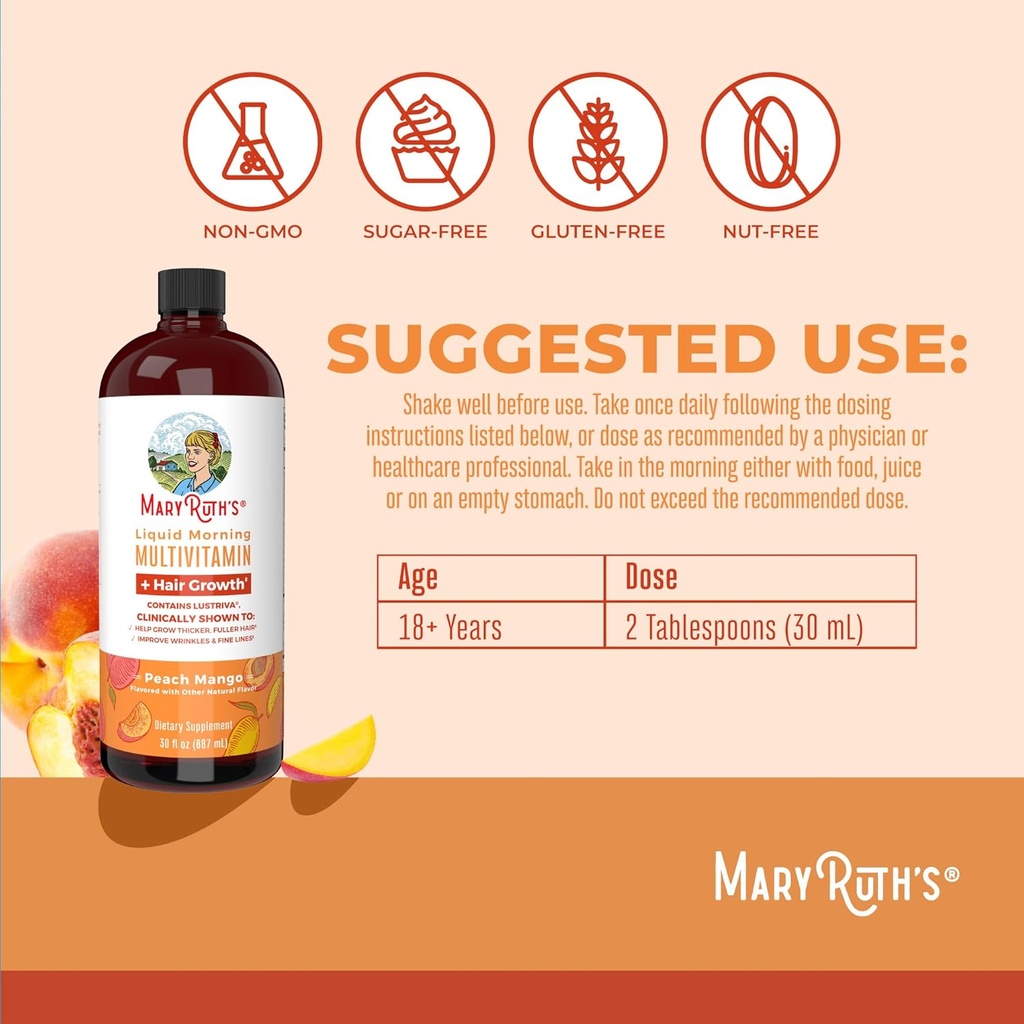MaryRuth's Liquid Multivitamin + Lustriva® Hair Growth | Biotin 10000mcg | Vitamin D | B Vitamins | Clinically Tested for Thicker Hair, Wrinkles, Fine Lines, Skin Care | Ages 18+