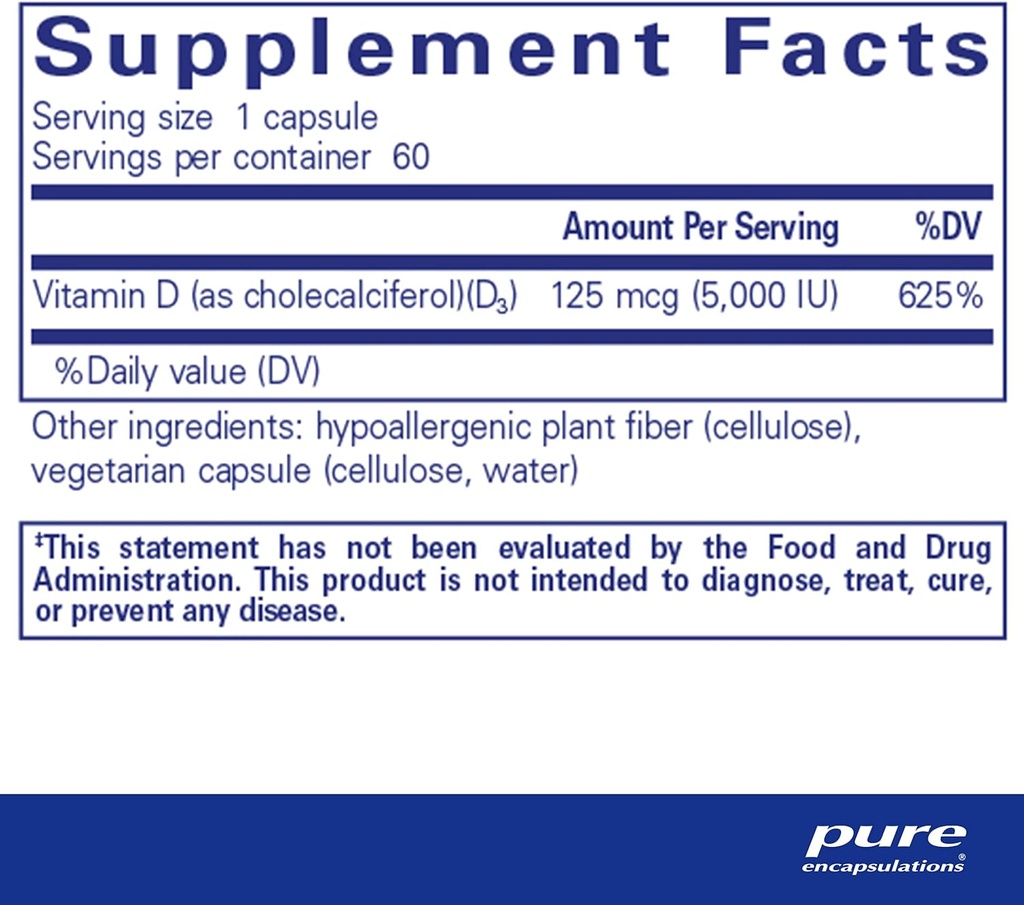 Pure Encapsulations Vitamin D3 125 mcg (5,000 IU) - Supplement to Support Bone, Joint, Breast, Heart, Colon, and Immune Health* - with Vitamin D