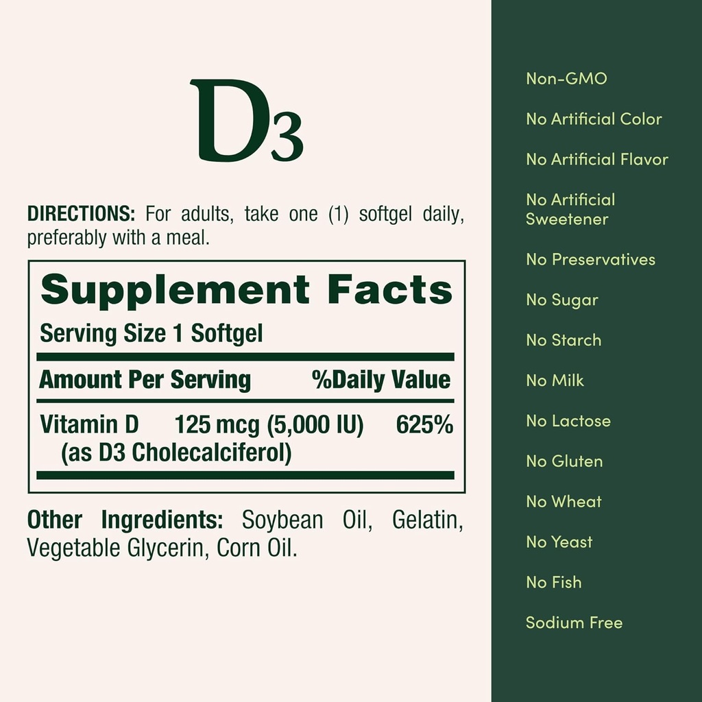 Nature's Bounty Vitamin D3, Immune Support, 125 mcg (5000iu), Rapid Release Softgels, 240 Ct