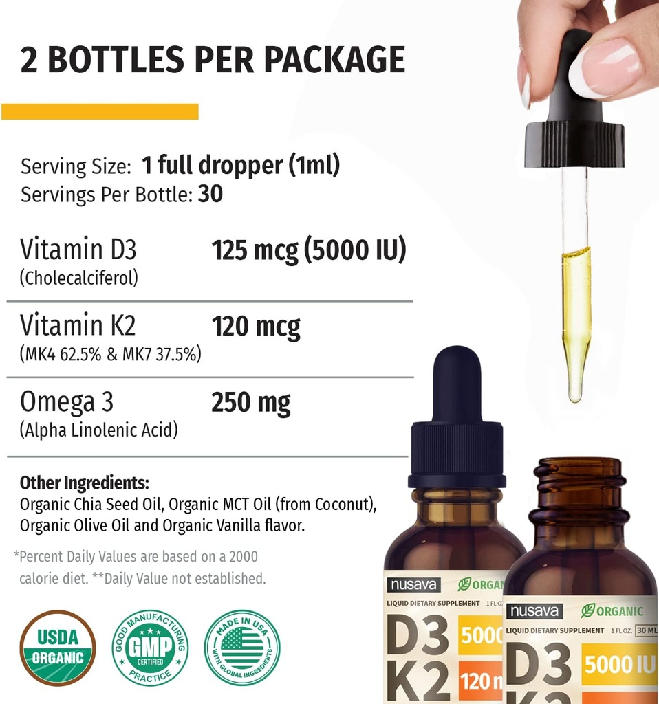 Organic Vitamin D3 K2 Drops w MCT Oil Omega 3, Maximum Strength, 5000 IU, No Fillers, Non-GMO Liquid D3 for Faster Absorption