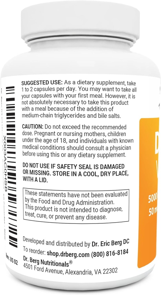 Dr. Berg D3 K2 Vitamin 5000 IU w/MCT Powder - Includes 50 mcg MK7 Vitamin K2, Purified Bile Salts, Zinc & Magnesium for Ultimate Absorption - K2 D3 Vitamin Supplement