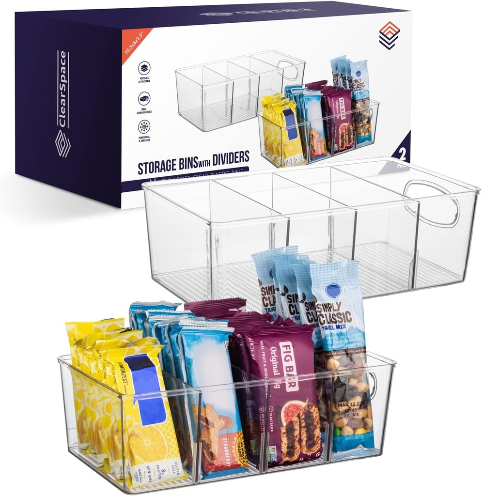 ClearSpace Plastic Pantry Organizers and Storage Bins with Removable Dividers – Perfect Kitchen Organization or Pantry Storage – Refrigerator Organizer Bins, Cabinet Organizers