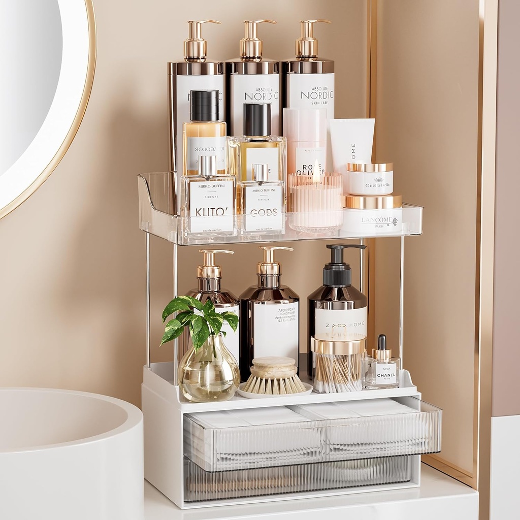Delamu 2-Tier 2-Drawer Bathroom Counter Organizer, Multi-Purpose Makeup Organizer Countertop, Large Skincare Organizers, Exquisite Vanity Organizer