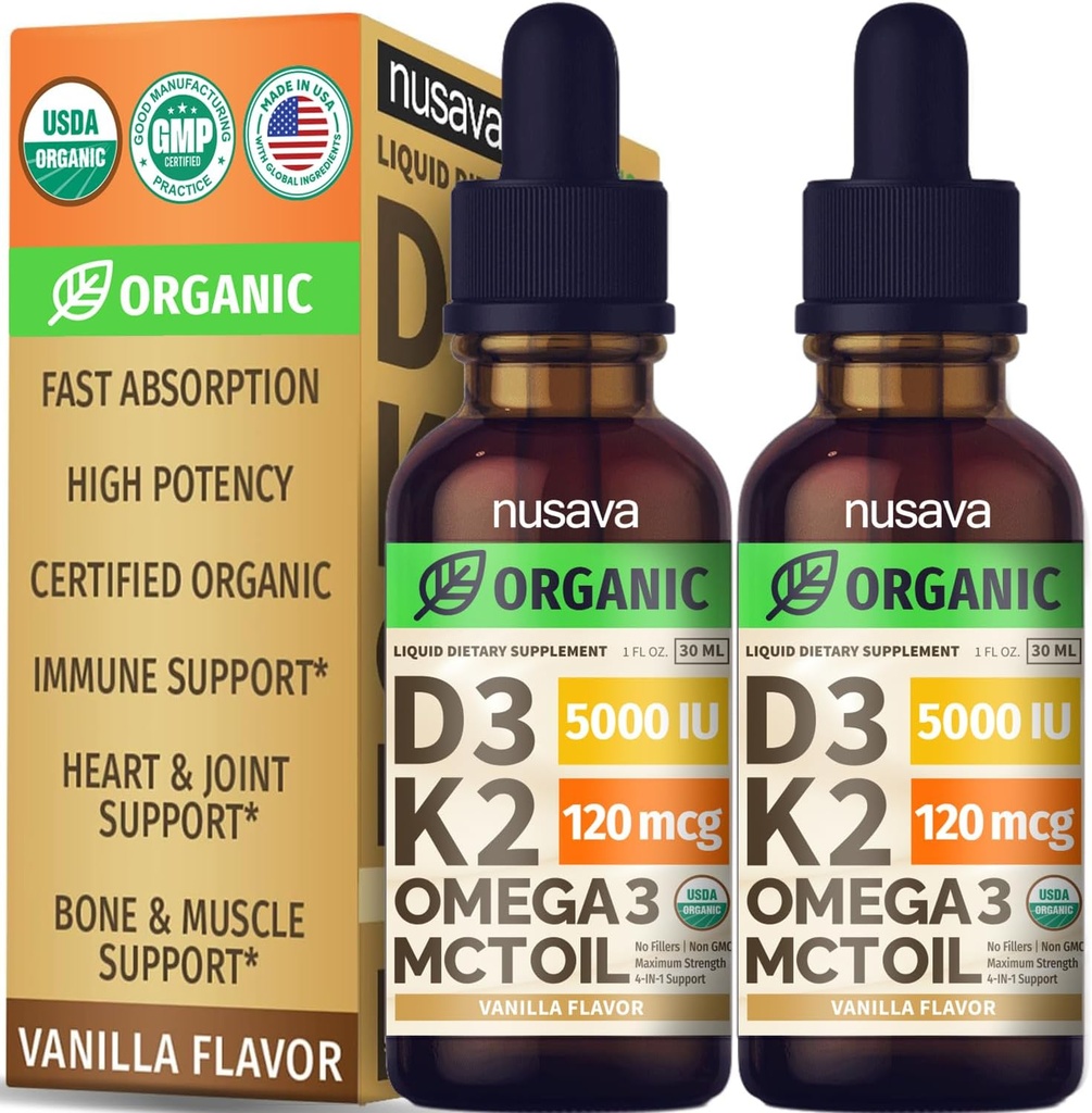 Organic Vitamin D3 K2 Drops w MCT Oil Omega 3, Maximum Strength, 5000 IU, No Fillers, Non-GMO Liquid D3 for Faster Absorption