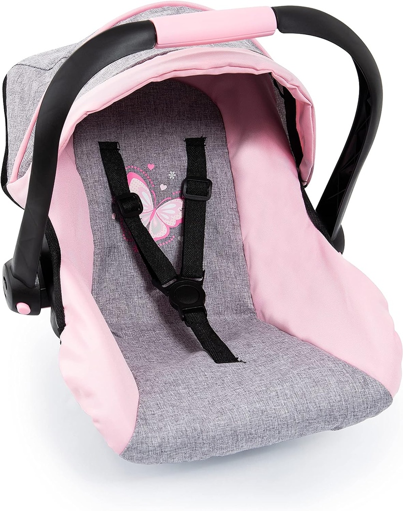 Bayer Design 67933AA Toy, Car Seat Easy Go for Neo Vario Pram with Cover, Doll Accessories, Pink, Grey with Butterfly,Grey/pink, for dolls up to 18"